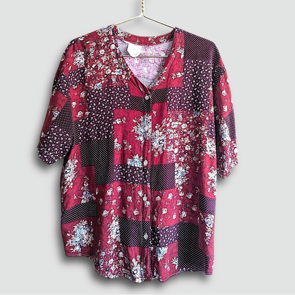 Vintage Boho Handkerchief Patchwork Ditzy Button Up Burgundy Floral Blouse Top